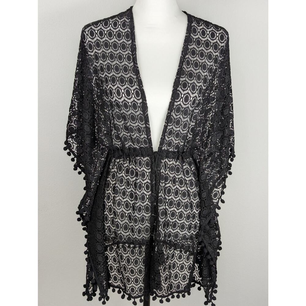 Allthreads Cover up Sz 4-12 Black bobble fringeBust to 40"Lace+ tassels Nylon/sp